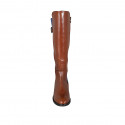 Woman's boot with zipper and buckle in tan brown leather and light blue suede heel 3 - Available sizes:  42, 43