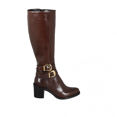 Bottes pour femmes avec fermeture éclair et boucles en cuir marron avec talon 7 - Pointures disponibles:  42, 43