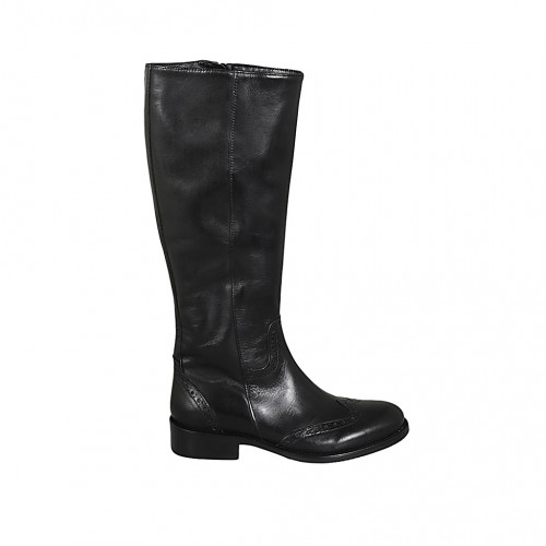 Woman's boot with zipper and wingtip decoration in black leather heel 3 - Available sizes:  34, 43