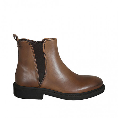 Men's ankle boot with elastic band and zipper in tan brown leather - Available sizes:  38, 46