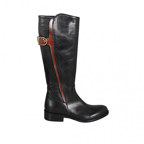 Woman's boot in black and tan brown leather with zipper and buckle heel 3 - Available sizes:  33, 43