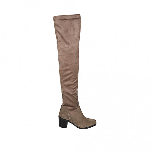 Woman's thigh-high boot in taupe suede and elastic material heel 7 - Available sizes:  42, 43