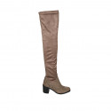 Woman's thigh-high boot in taupe suede and elastic material heel 7 - Available sizes:  42, 43