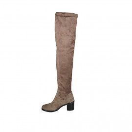 Woman's thigh-high boot in taupe suede and elastic material heel 7 - Available sizes:  42 2