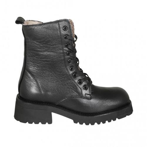 Bottines avec lacets, fermeture éclair, doublure en fourrure et bout carré pour femmes en cuir noir talon 4 - Pointures disponibles:  45