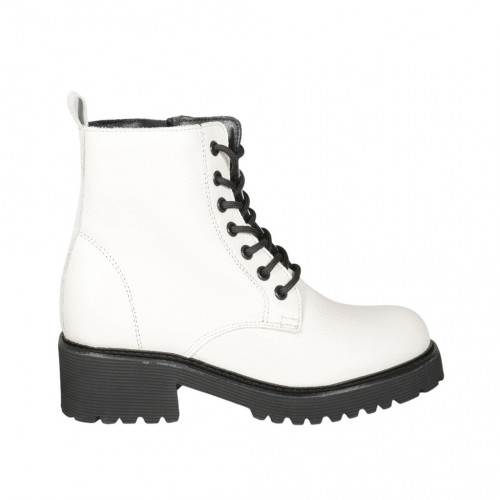 Woman's laced combat style ankle boot with zipper in white leather heel 4 - Available sizes:  45