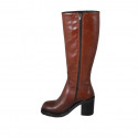 Woman's boot in tan brown leather with zipper and squared tip heel 8 - Available sizes:  32