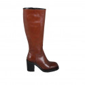 Woman's boot in tan brown leather with zipper and squared tip heel 8 - Available sizes:  32