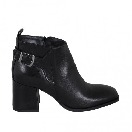 Woman's ankle boot with buckle, squared tip and zipper in black leather heel 6 - Available sizes:  32, 45