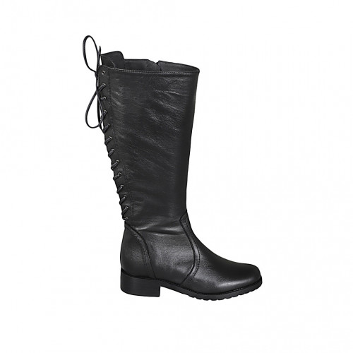 Woman's laced boot with zipper in black leather heel 3 - Available sizes:  44