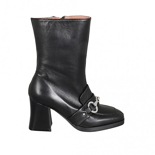 Bottines pour femmes avec fermeture éclair et accessoire en cuir noir talon 7 - Pointures disponibles:  32, 33, 43, 44