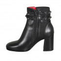 Woman's ankle boot with zipper, strap with studs and elastic band in black leather heel 8 - Available sizes:  32, 33, 42, 45