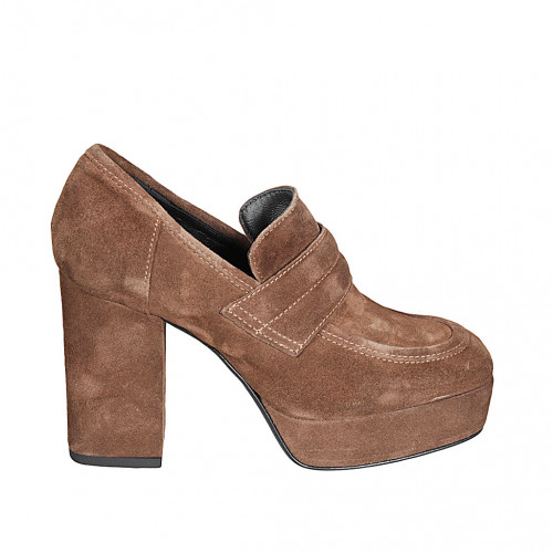 Woman's mocassin with platform in light brown suede heel 9 - Available sizes:  33, 34, 42, 43