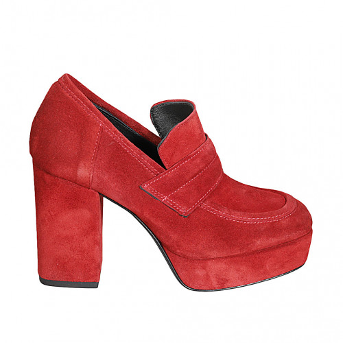 Woman's mocassin with platform in dark red suede heel 9 - Available sizes:  32, 34, 42, 43
