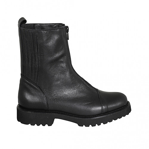 Woman's ankle boot with captoe, front zipper and elastic band in black leather heel 3 - Available sizes:  32, 45