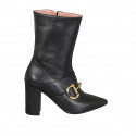 Woman's pointy ankle boot with zipper and accessory in black leather heel 8 - Available sizes:  32, 33, 34, 42, 43, 44, 45