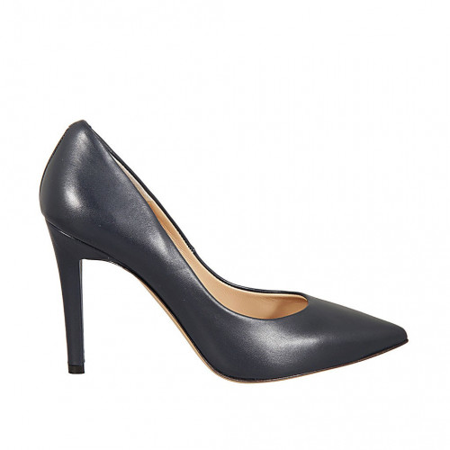 ﻿Woman's pointy pump in dark blue leather heel 9 - Available sizes:  34, 43, 46