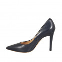 ﻿Escarpin à bout pointu pour femmes en cuir bleu foncé talon 9 - Pointures disponibles:  34, 43, 46