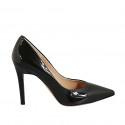 ﻿Escarpin à bout pointu pour femmes en cuir verni noir talon 9 - Pointures disponibles:  32, 34, 44, 46