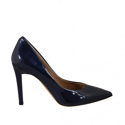 ﻿Escarpin à bout pointu pour femmes en cuir verni bleu foncé talon 9 - Pointures disponibles:  34, 42, 43, 44