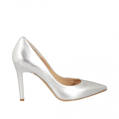 ﻿Escarpin élégant à bout pointu pour femmes en cuir lamé argent talon 9 - Pointures disponibles:  31, 43, 44, 46, 47