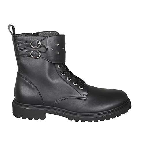 Bottines pour femmes avec lacets, goujons, boucles et fermeture éclair en cuir noir talon 3 - Pointures disponibles:  46