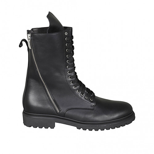 Woman's laced ankle boot with zippers in black leather heel 3 - Available sizes:  45