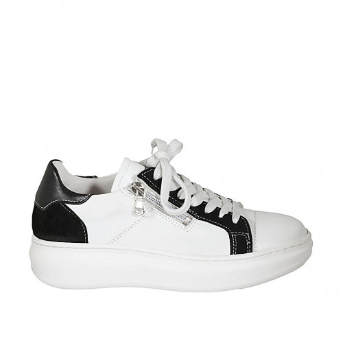 Scarpa stringata con cerniera e plantare estraibile in pelle bianca e nera e camoscio nero zeppa 4 - Misure disponibili: 42, 43, 44