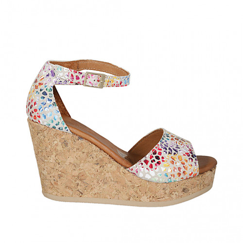 Woman's open shoe with strap and platform in multicolored printed suede wedge heel 9 - Available sizes:  43, 44, 45