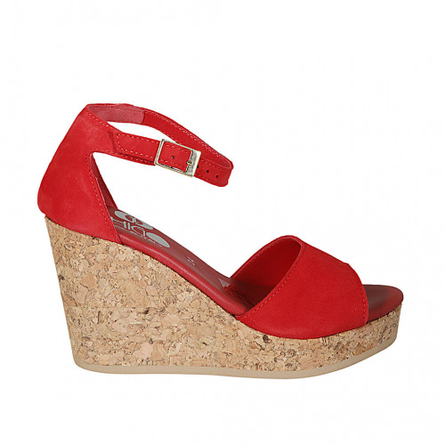 Woman's open shoe with strap and platform in red suede wedge heel 9 - Available sizes:  44