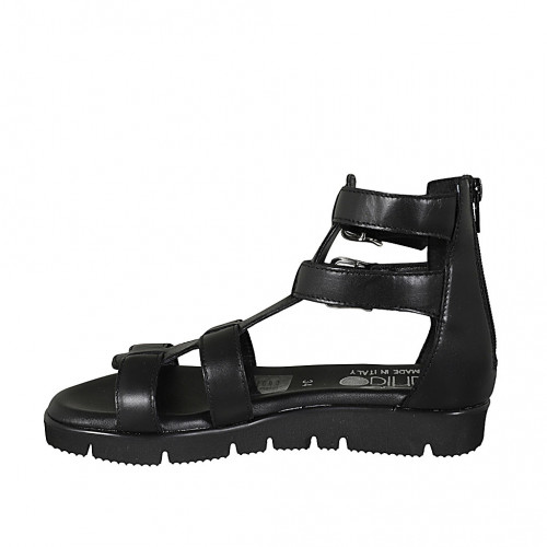 Woman's open shoe with zipper and buckles in black leather wedge heel 3