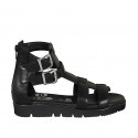 Woman's open shoe with zipper and buckles in black leather wedge heel 3 - Available sizes:  32, 43