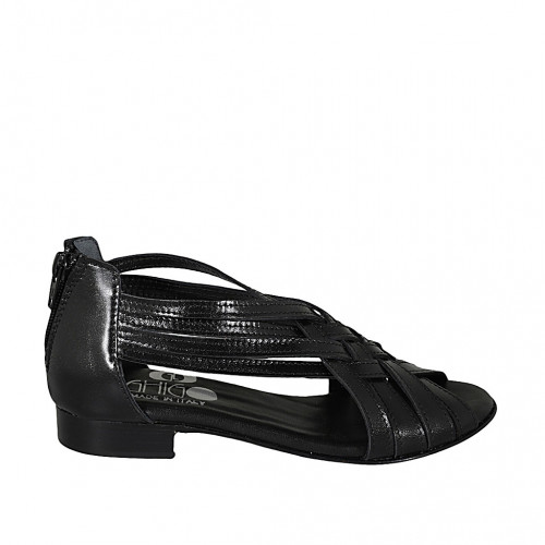 Woman's open shoe with zipper in black leather heel 2 - Available sizes:  33, 34, 42, 43