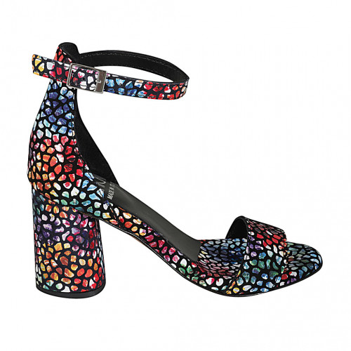 Zapato abierto para mujer con cinturon en gamuza imprimida mosaico multicolor tacon 7 - Tallas disponibles:  42