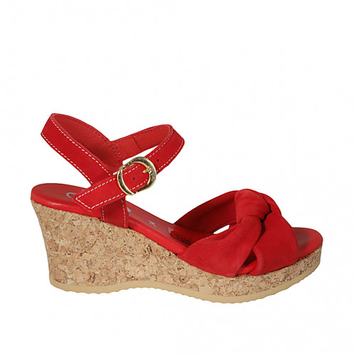 Woman s sandal with ankle strap and knot in red suede wedge heel 7