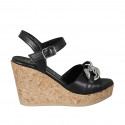 Woman's sandal with strap and chain in black leather wedge heel 9 - Available sizes:  32, 42, 44