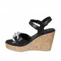Woman's sandal with strap and chain in black leather wedge heel 9 - Available sizes:  32, 42, 44