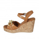 Woman's sandal with strap and chain in tan brown leather wedge heel 9 - Available sizes:  42, 44, 45