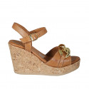 Woman's sandal with strap and chain in cognac brown leather wedge heel 9 - Available sizes:  42