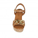 Woman's sandal with strap and chain in cognac brown leather wedge heel 9 - Available sizes:  42