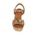 Woman's sandal with strap and chain in tan brown leather wedge heel 9 - Available sizes:  42, 44, 45