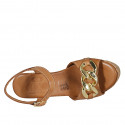 Woman's sandal with strap and chain in cognac brown leather wedge heel 9 - Available sizes:  42