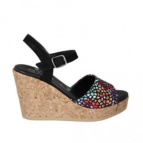 Woman's strap sandal in black and multicolored mosaic printed suede with platform and wedge heel 9 - Available sizes:  42, 43, 45