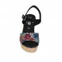Woman's strap sandal in black and multicolored mosaic printed suede with platform and wedge heel 9 - Available sizes:  42, 43, 45