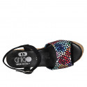 Woman's strap sandal in black and multicolored mosaic printed suede with platform and wedge heel 9 - Available sizes:  42, 43, 45