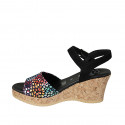 Woman's strap sandal in black and multicolored mosaic printed suede with platform and wedge heel 7 - Available sizes:  42, 43