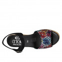 Woman's strap sandal in black and multicolored mosaic printed suede with platform and wedge heel 7 - Available sizes:  42, 43