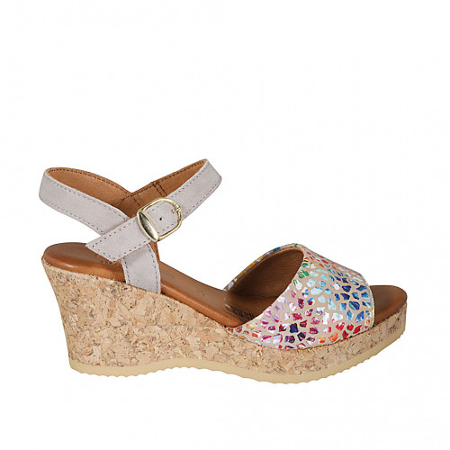 Woman's strap sandal in beige and multicolored mosaic printed suede with platform and wedge heel 7 - Available sizes:  42, 43