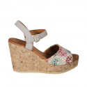 Woman's strap sandal in beige and multicolored mosaic printed suede with platform and wedge heel 9 - Available sizes:  42, 43, 45