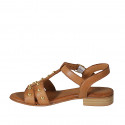Woman's sandal with studs and strap in cognac brown leather heel 2 - Available sizes:  32, 43